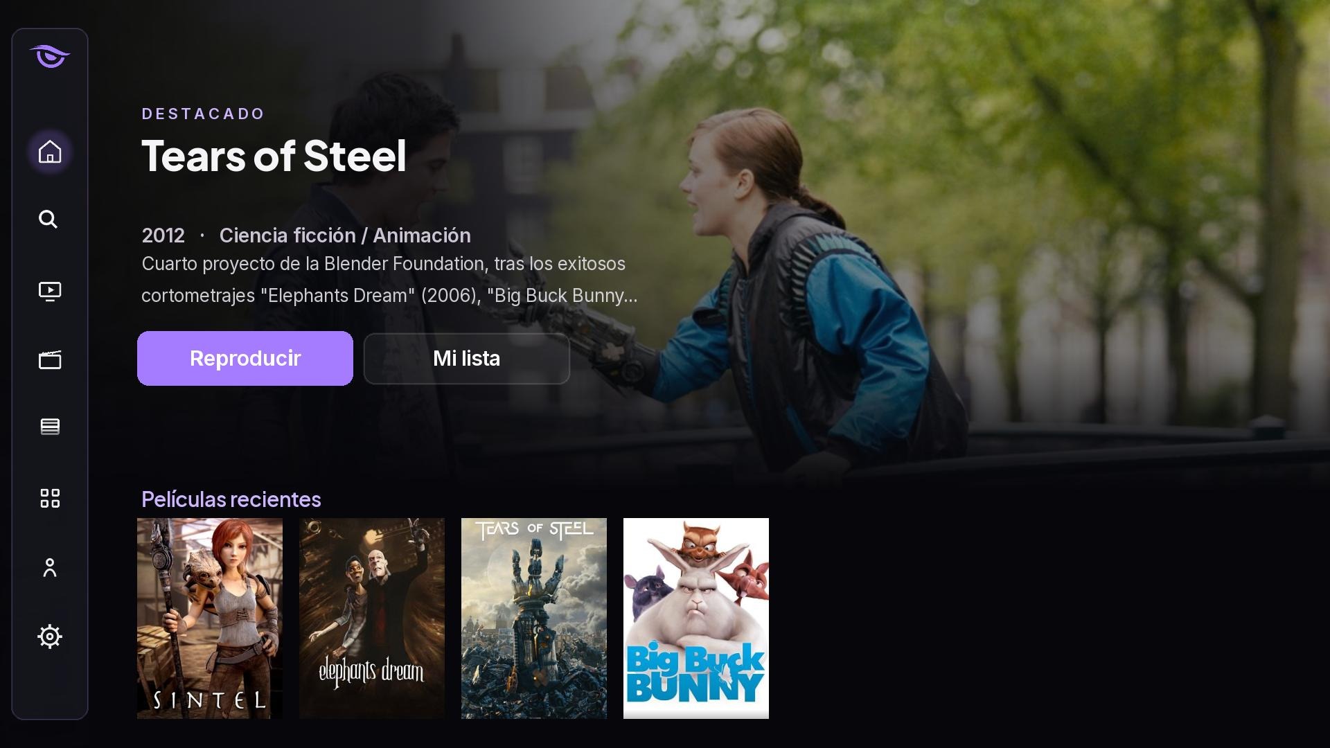 Pantalla de inicio de Watcheo en la tele, con un destacado y una fila de películas